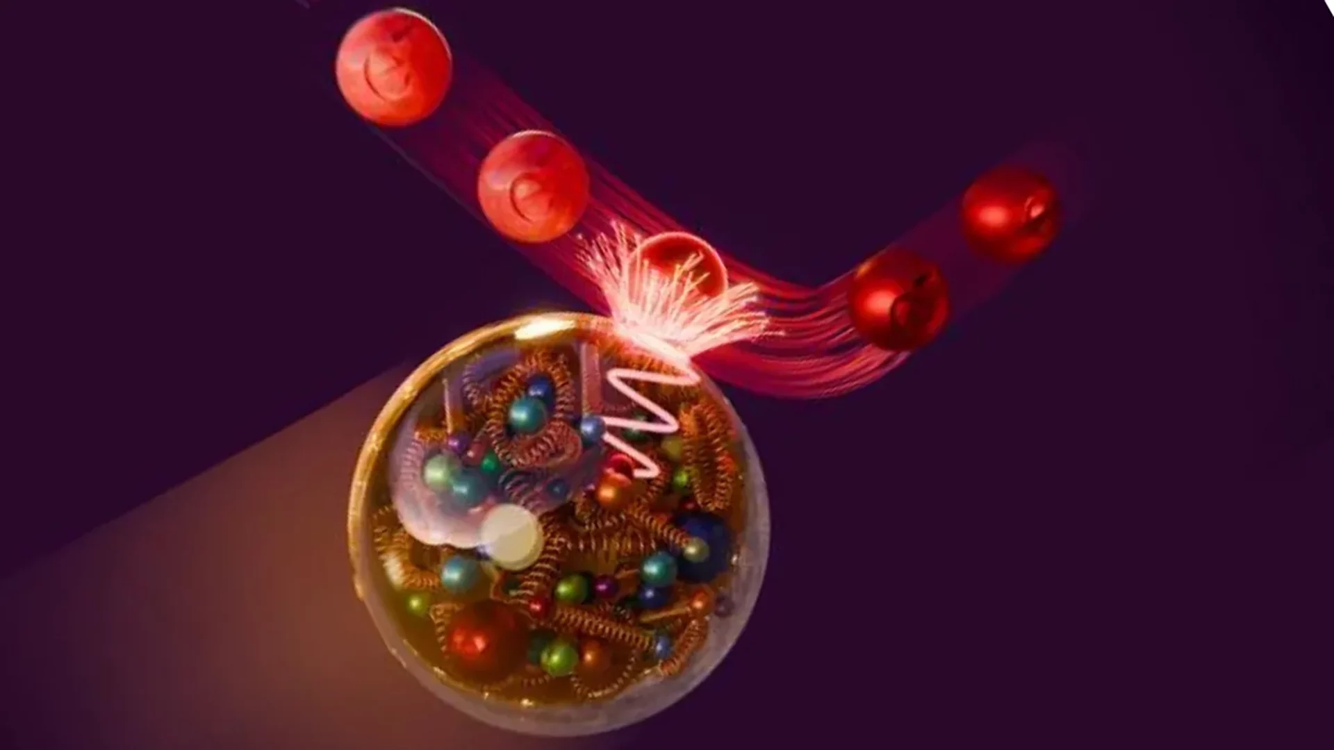 Ilustração de próton (a grande esfera dourada) colidindo com um elétron (esfera vermelha menor)