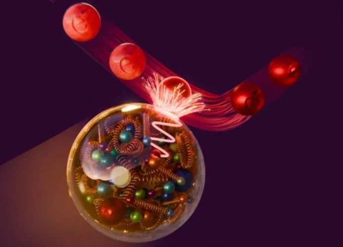 Ilustração de próton (a grande esfera dourada) colidindo com um elétron (esfera vermelha menor)