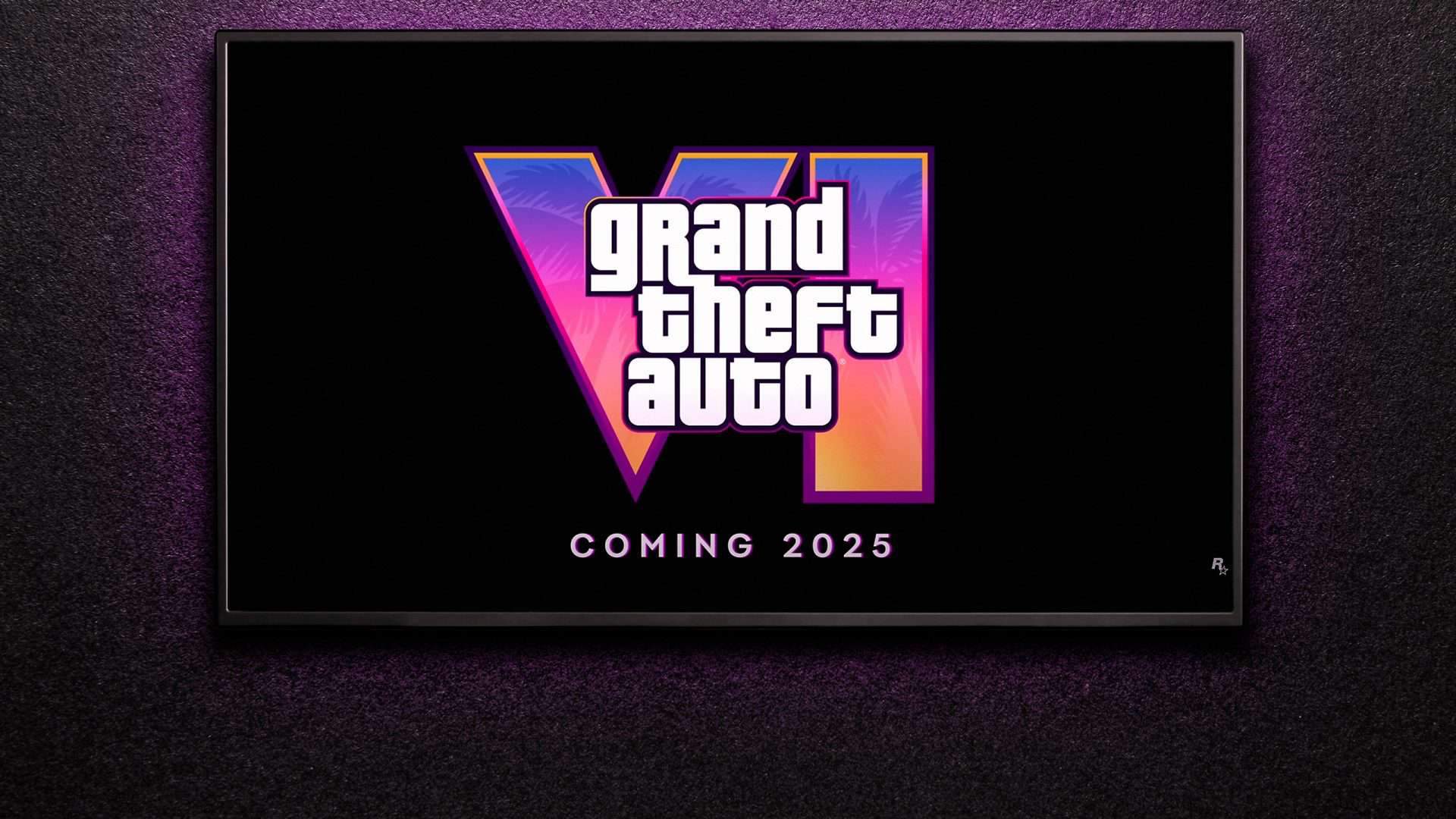 TV em uma parede roxa, exibindo o logo de GTA VI
