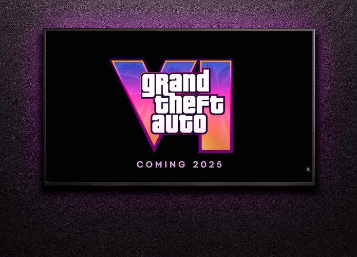 TV em uma parede roxa, exibindo o logo de GTA VI