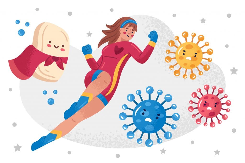 ilustração de mulher representando o sistema imunologico como uma heroina