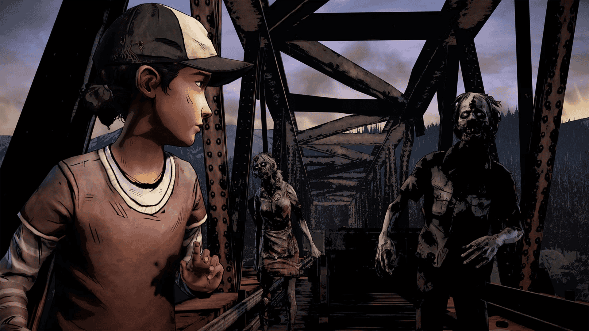Clementine do jogo interativo the walking dead da telltale, cercada por zumbis