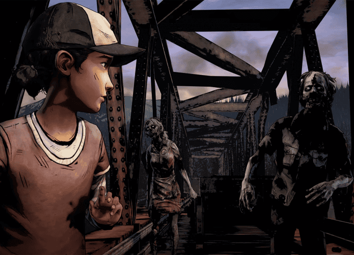 Clementine do jogo interativo the walking dead da telltale, cercada por zumbis