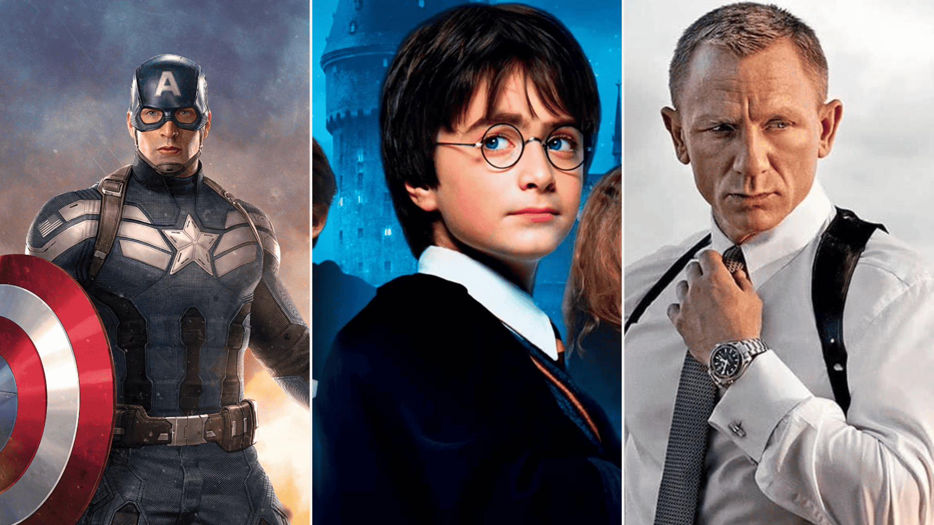 montagem mostra imagens do personagem steve rogers (capitão américa), harry potter, e o agente 007