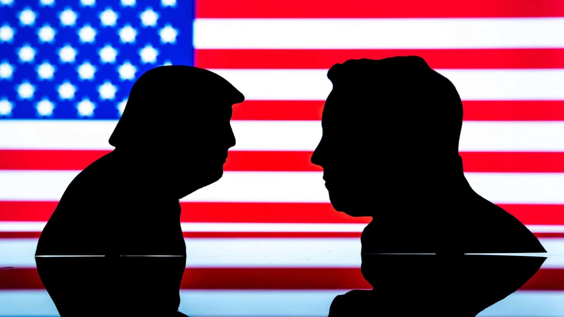 Silhuetas de Musk e Trump; atrás, bandeira dos Estados Unidos
