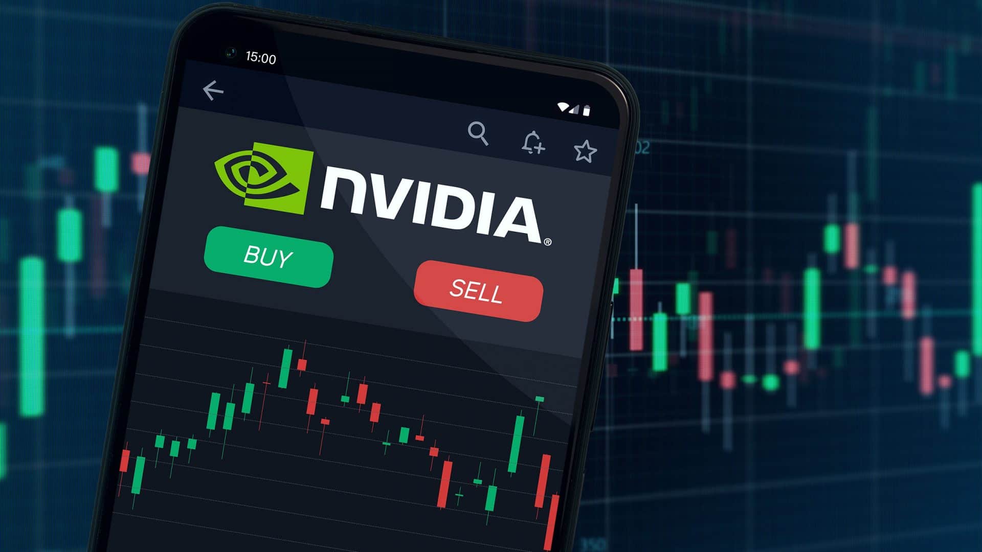 Logo da Nvidia em um smartphone com gráficos de bolsa de valores abaixo e atrás do smartphone