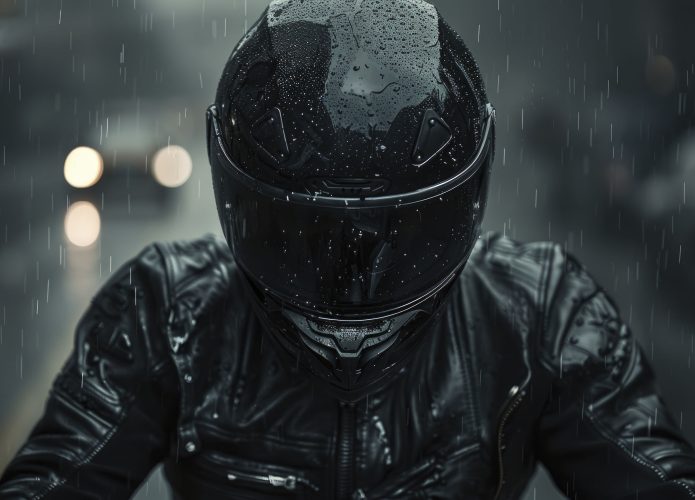 Homem pilotando moto na chuva