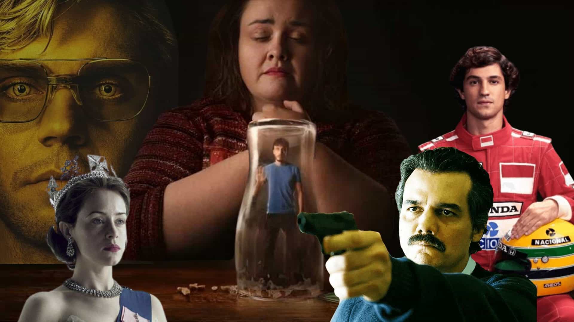 Montagem com personagens de séries baseadas em fatos reais. À esquerda, Jeffrey Dahmer, com expressão séria e óculos, da série Dahmer. No centro, uma mulher com as mãos sobre um vidro contendo um homem em miniatura, representando a série Bebê Rena. À direita, Ayrton Senna com macacão de piloto e capacete em mãos, da série Senna, e abaixo dele, Pablo Escobar com arma apontada, da série Narcos. Na parte inferior esquerda, a Rainha Elizabeth II usando coroa e colar, representando The Crown.