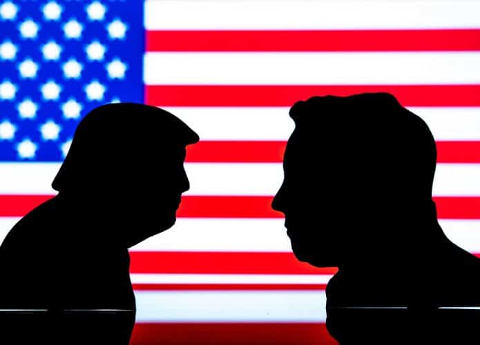 Silhuetas de Donald Trump e Elon Musk; ao fundo, a bandeira dos Estados Unidos
