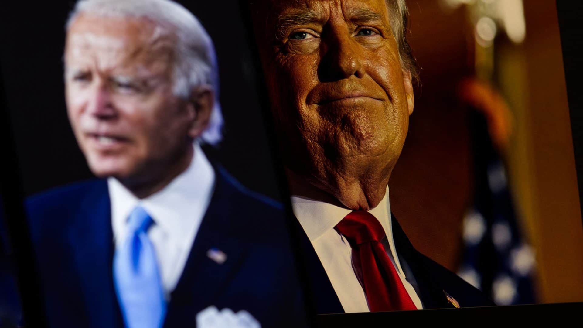 Fotos de Biden (esq.) e Trump (dir.), sendo que a de Biden está desfocada