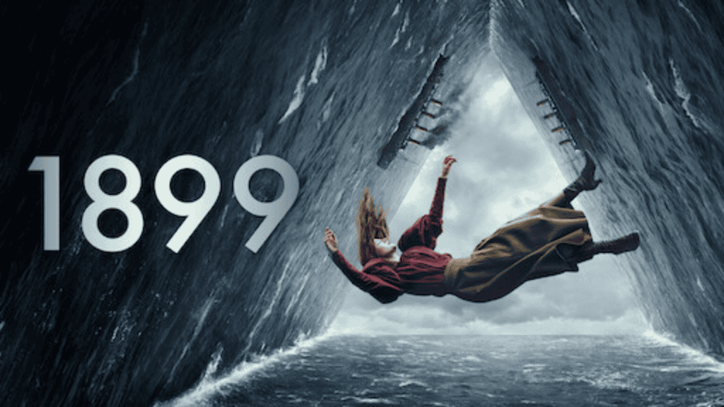 Arte promocional da série "1899", da Netflix. A imagem mostra uma mulher vestida com roupas de época caindo no meio do oceano, enquanto o mar forma um triângulo invertido, criando uma ilusão surrealista. O título "1899" aparece em destaque.