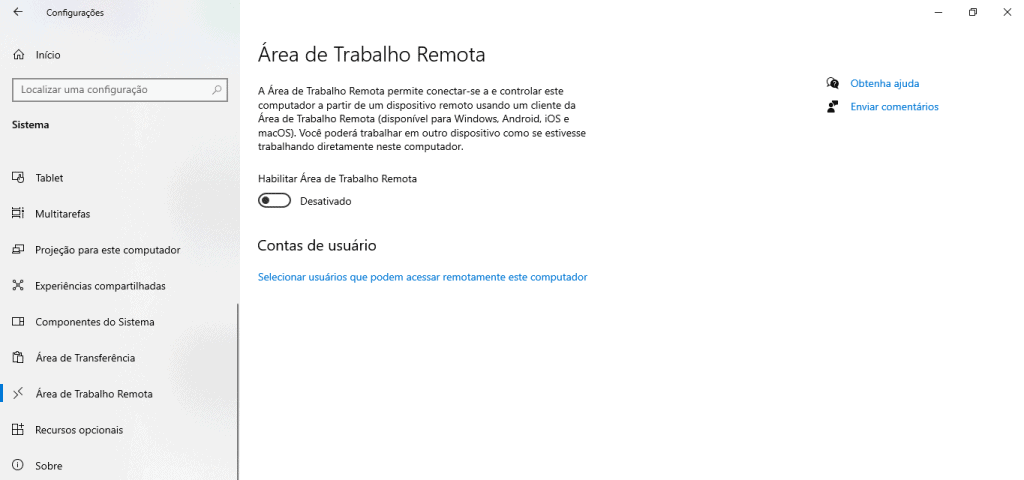 Área de configuração de trabalho remoto 