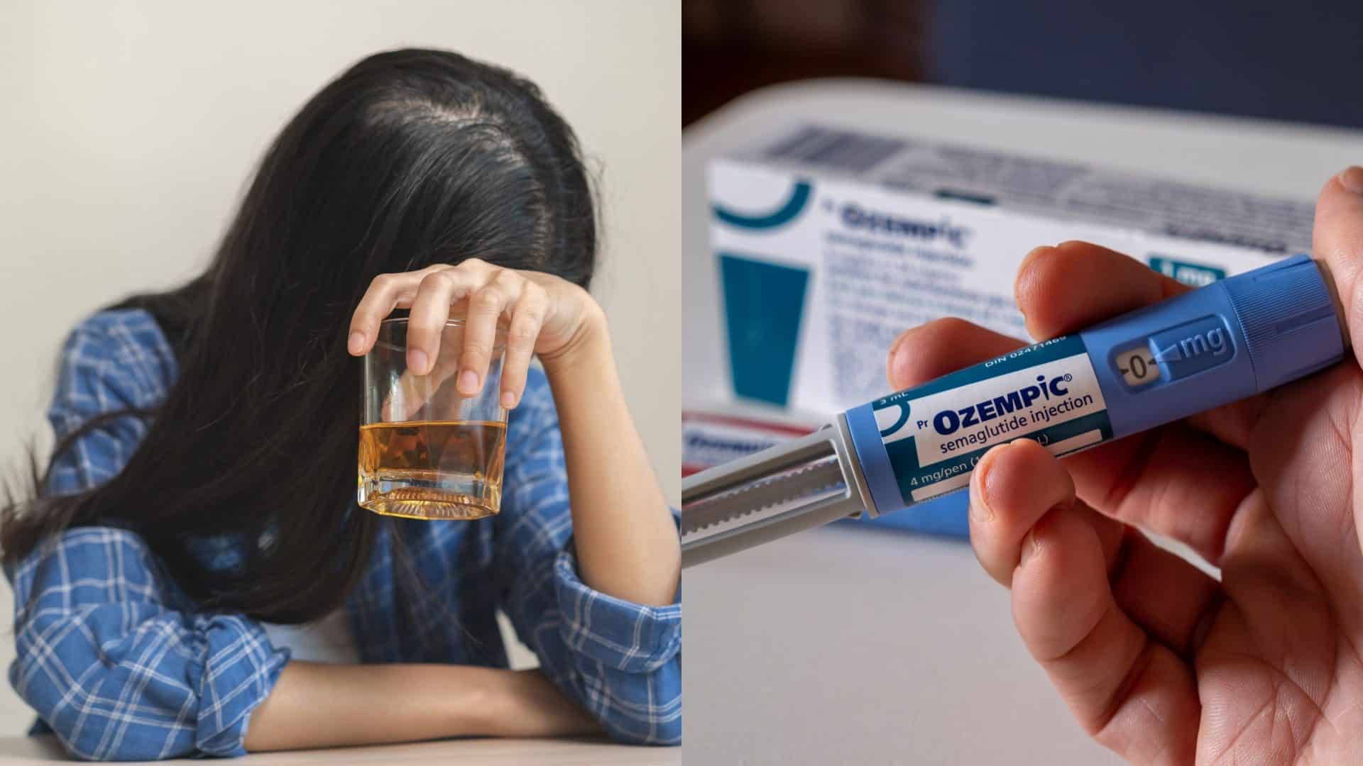 Montagem com fotos de mulher segurando copo de uísque e pessoa segurando caneta de Ozempic