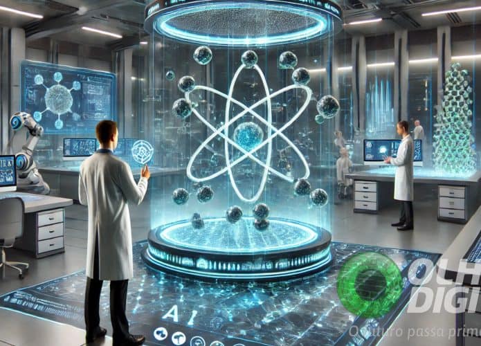 Representação futurista de um laboratório de pesquisa onde cientistas usam inteligência artificial para projetar supermaterial. Telas holográficas mostram estruturas atômicas sendo manipuladas digitalmente