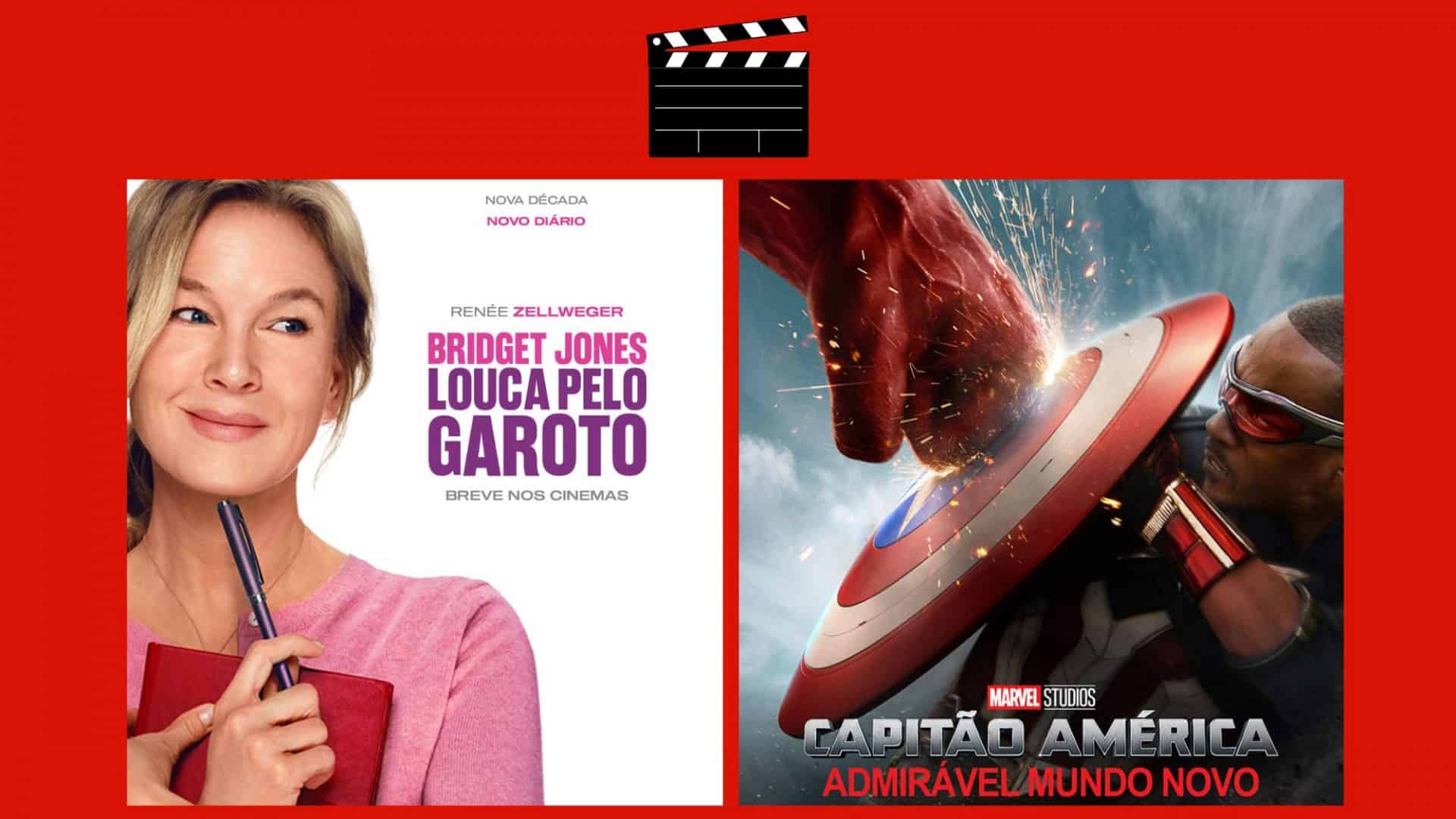 Montagem com pôsteres dos novos filmes das franquias Bridget Jones e Capitão América, dois dos lançamentos de filmes da semana no cinema