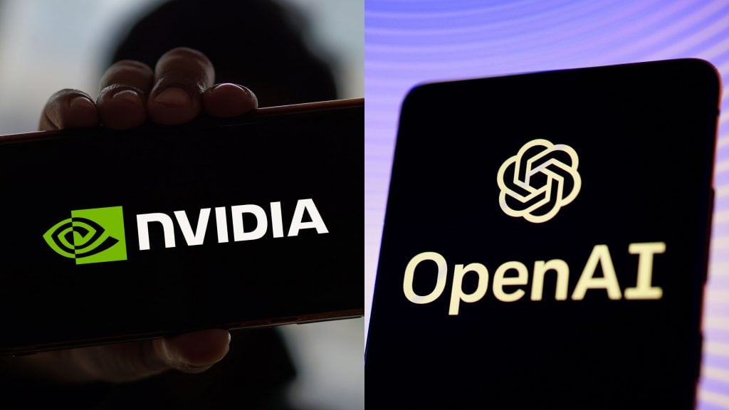 Montagem com fotos de pessoas segurando celulares com logomarcas da Nvidia e da OpenAI na tela