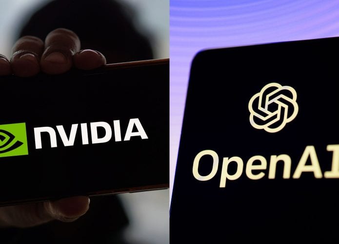 Montagem com fotos de pessoas segurando celulares com logomarcas da Nvidia e da OpenAI na tela