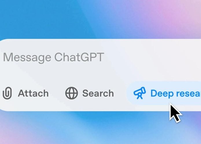 Montagem mostrando cursor em cima de botão do Deep Research da OpenAI na caixa de mensagens do ChatGPT