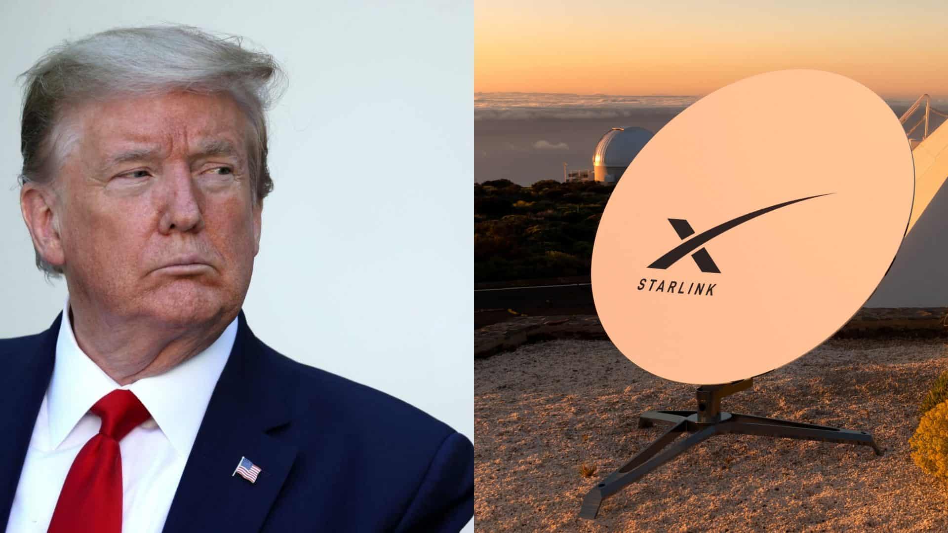 Montagem com fotos de Donald Trump e de antena da Starlink