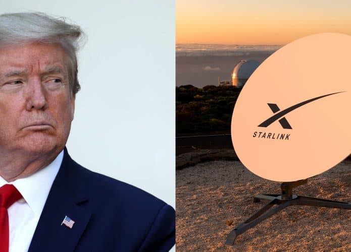Montagem com fotos de Donald Trump e de antena da Starlink