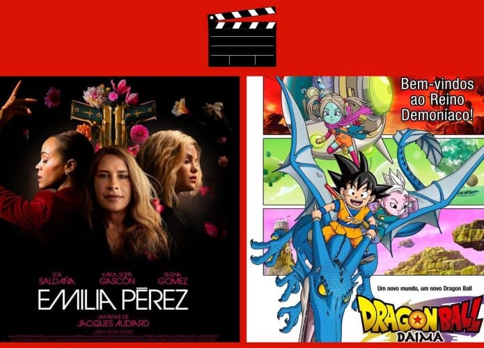 Montagem com pôsteres de Emilia Pérez e Dragon Ball Daima, dois entre os lançamentos de filmes da semana no cinema