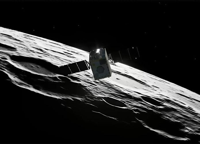 Representação artística da sonda Lunar Trailblazer, da NASA, na órbita da Lua
