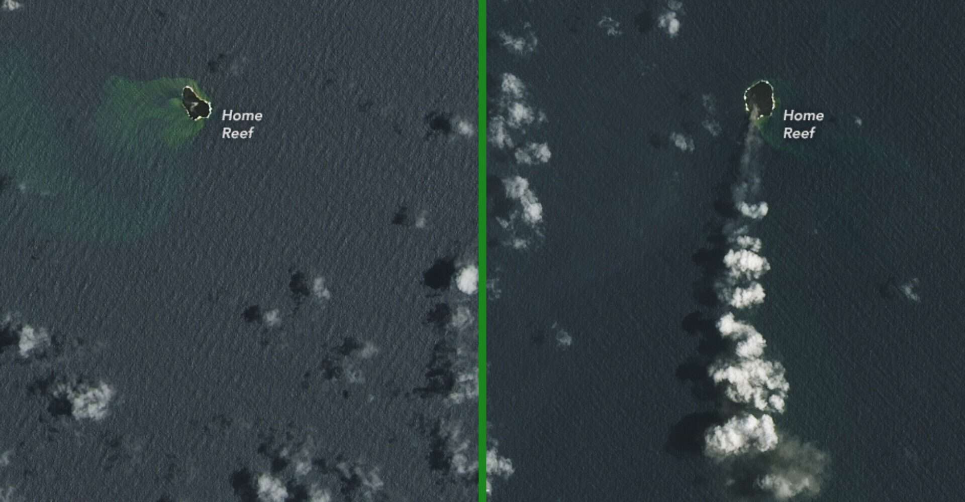 Montagem antes e depois da ilha de Home Reef