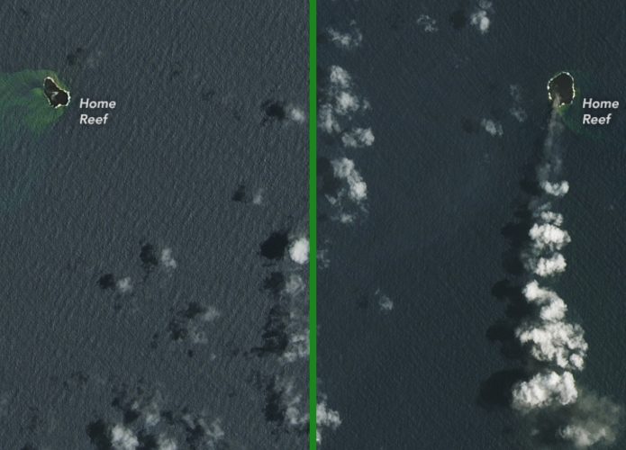 Montagem antes e depois da ilha de Home Reef