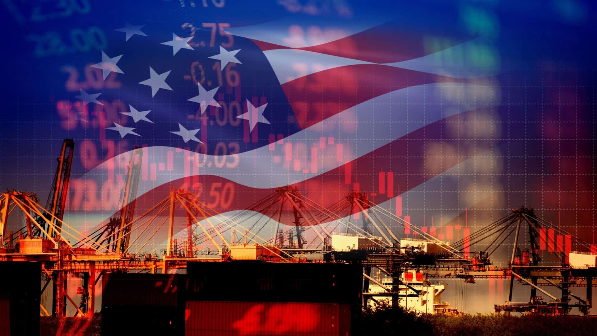 Montagem com bandeira dos Estados Unidos sobreposta em imagem de porto e linhas de ações financeiras para ilustrar tarifas