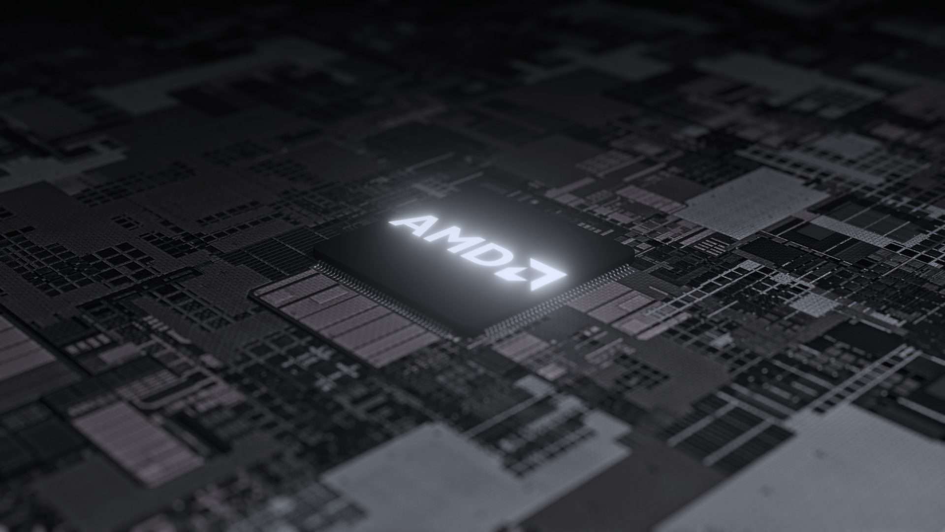 Logo da AMD em um chip localizado em uma placa de circuito cinza