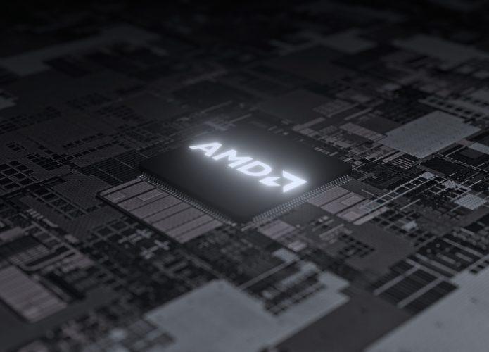 Logo da AMD em um chip localizado em uma placa de circuito cinza