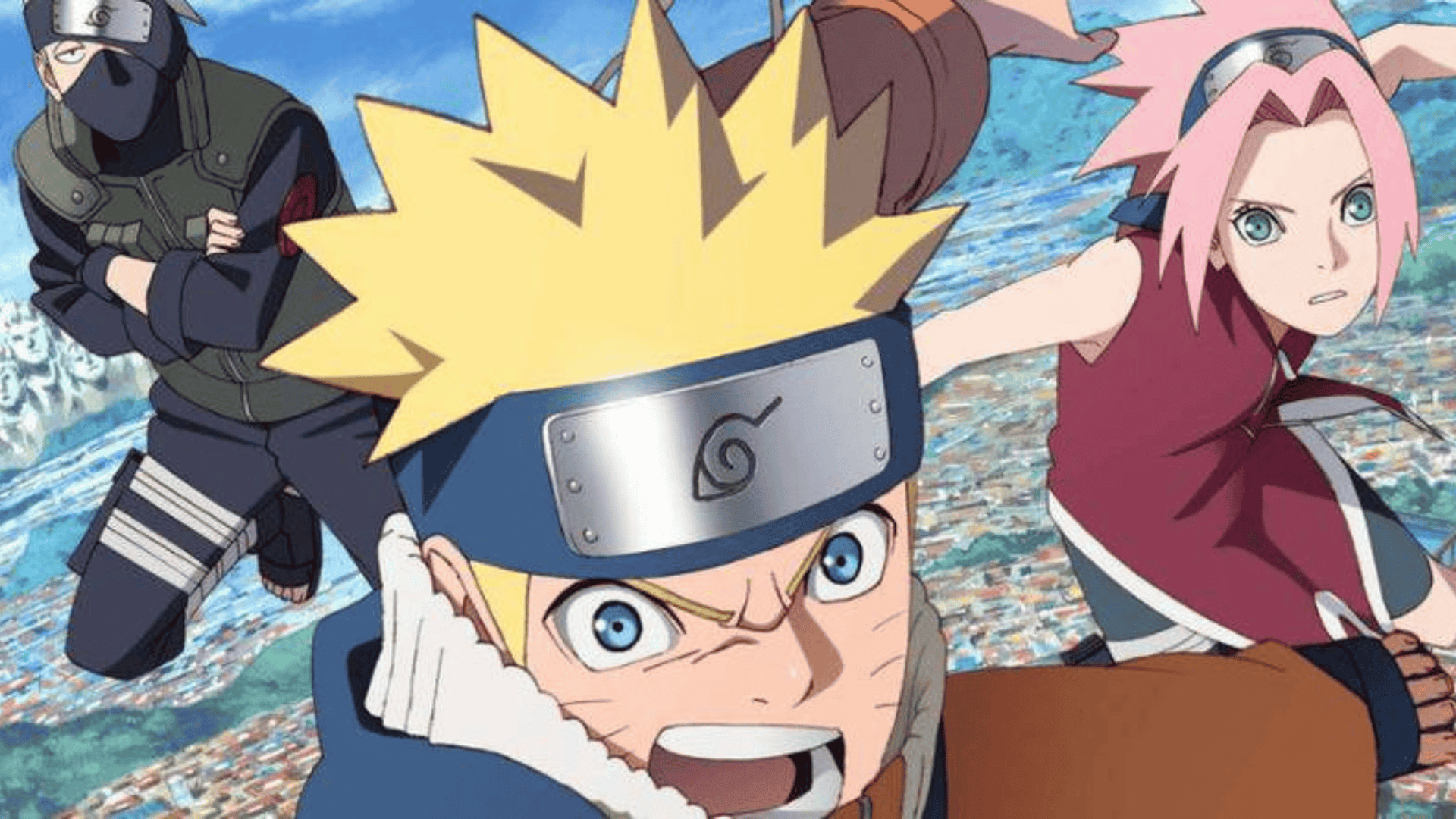 Imagem do anime Naruto, mostrando Naruto Uzumaki ao centro, correndo com expressão determinada. Ao fundo, os personagens Kakashi Hatake e Sakura Haruno o acompanham, com a Vila da Folha ao fundo