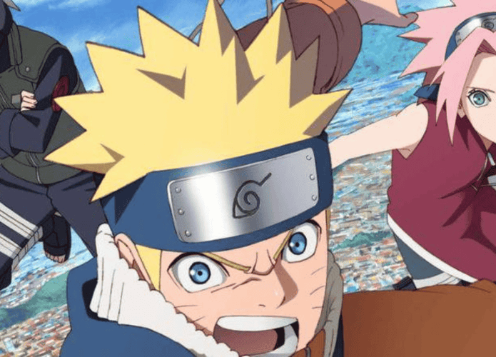 Imagem do anime Naruto, mostrando Naruto Uzumaki ao centro, correndo com expressão determinada. Ao fundo, os personagens Kakashi Hatake e Sakura Haruno o acompanham, com a Vila da Folha ao fundo