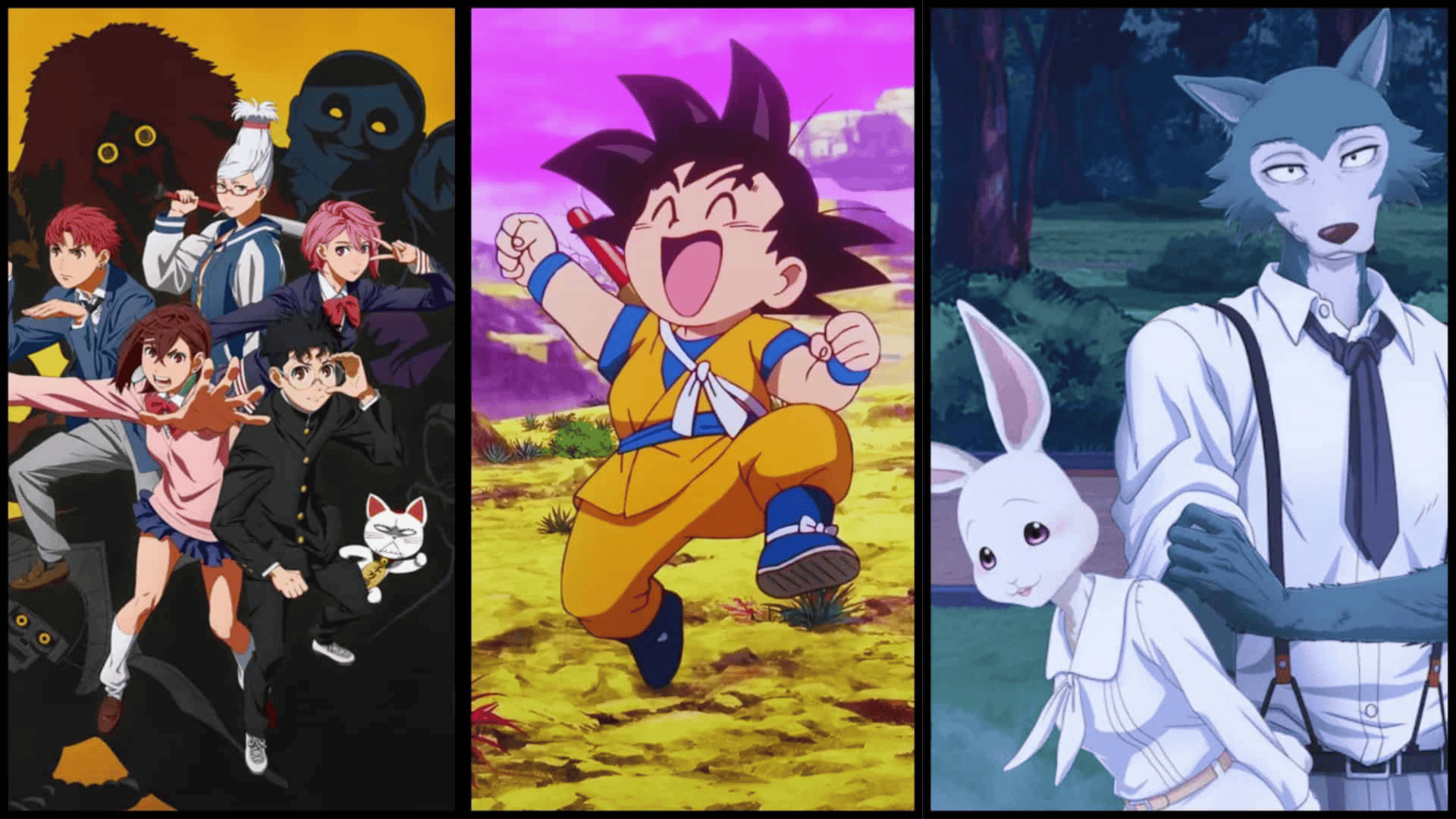 imagem mostra uma montagem feita com as fotos dos animes: DanDaDan, Dragon Ball Daima, Beastars