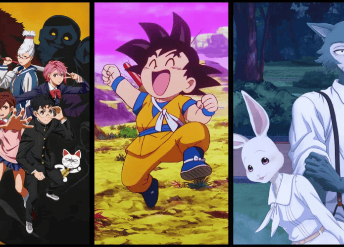 imagem mostra uma montagem feita com as fotos dos animes: DanDaDan, Dragon Ball Daima, Beastars