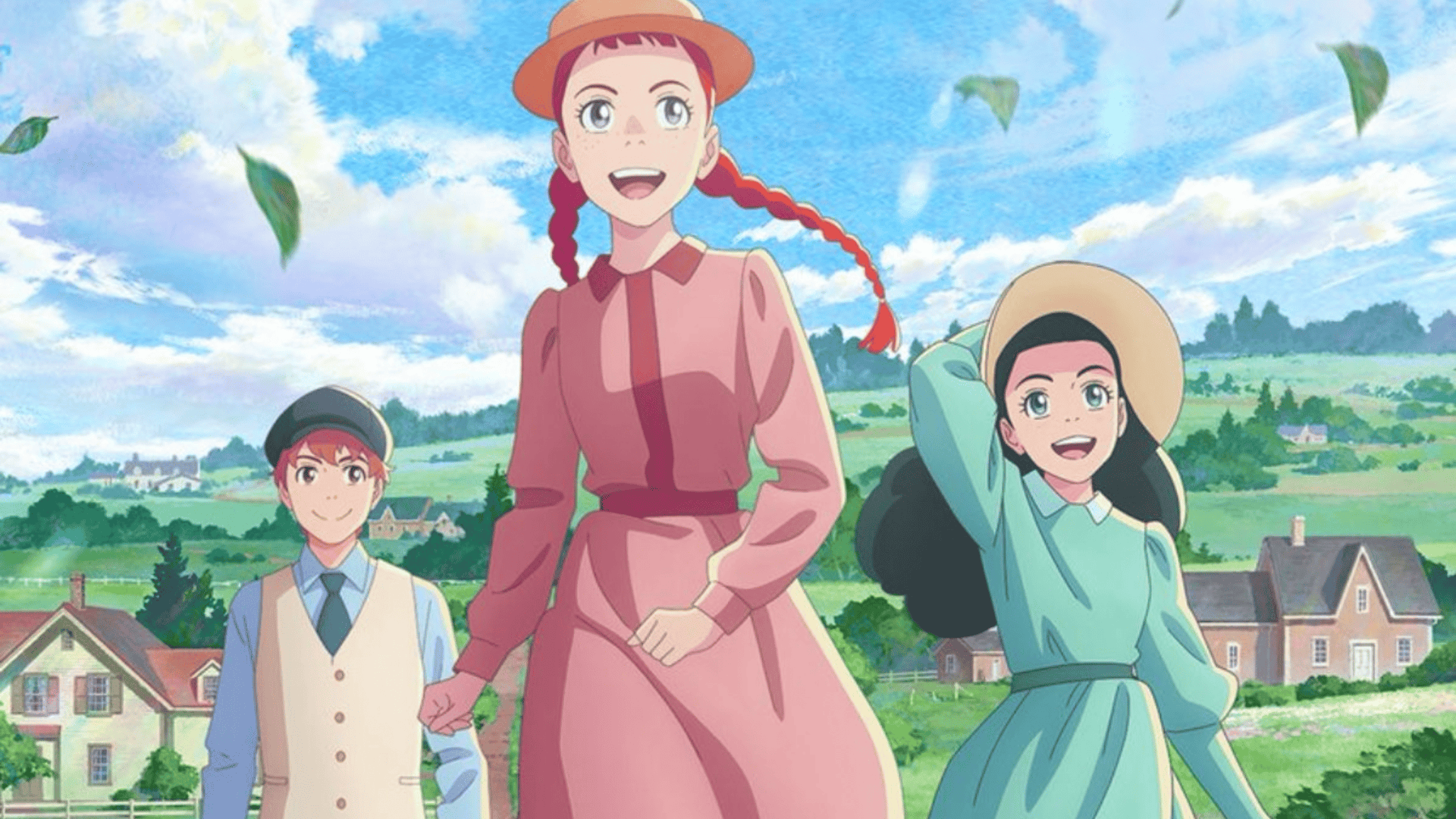Personagens principais do novo anime Anne Shirley caminhando em um campo florido