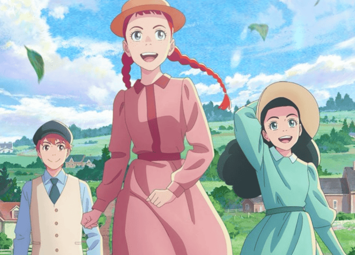 Personagens principais do novo anime Anne Shirley caminhando em um campo florido