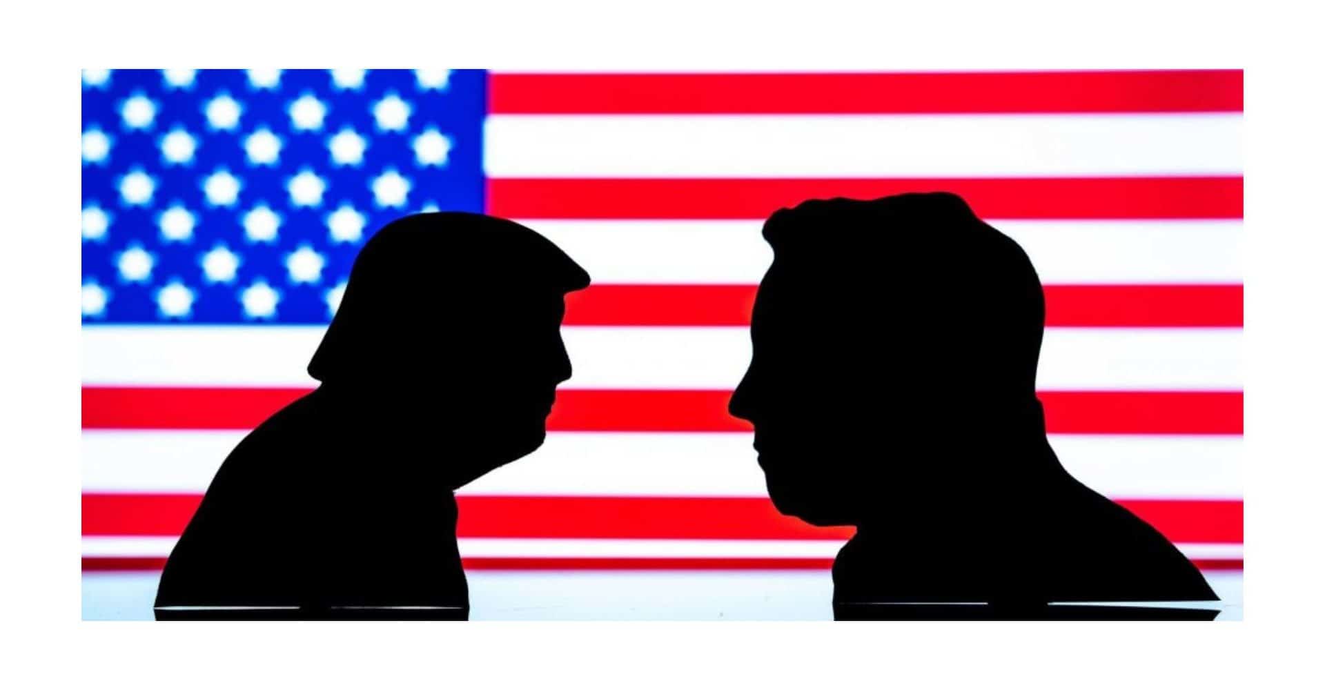 Silhuetas de Musk e Trump; atrás, bandeira dos Estados Unidos