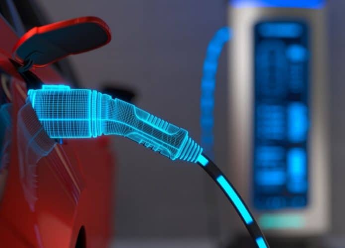 Imagem mostra estação de carregamento de veículos elétricos.