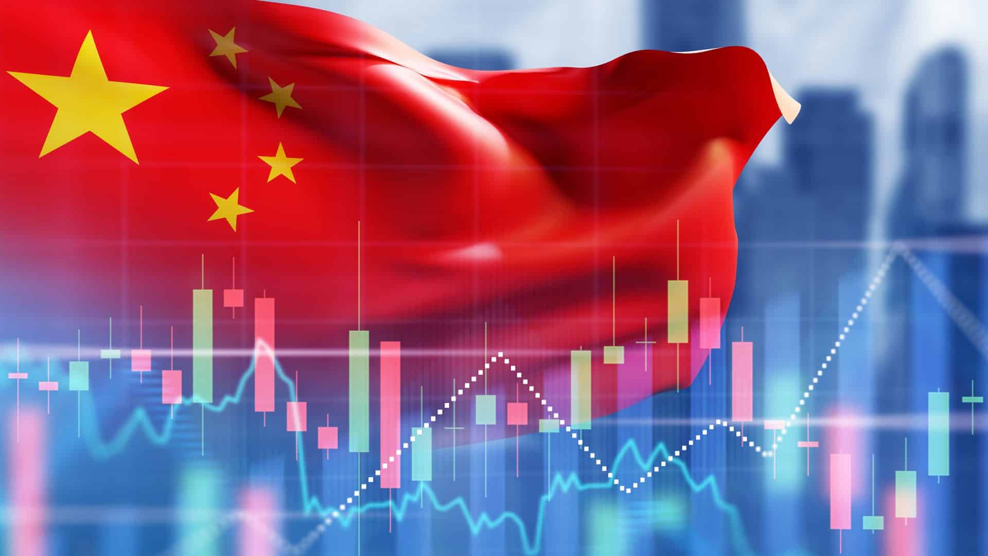 Ao fundo, bandeira da China tremulando; à frente, gráficos