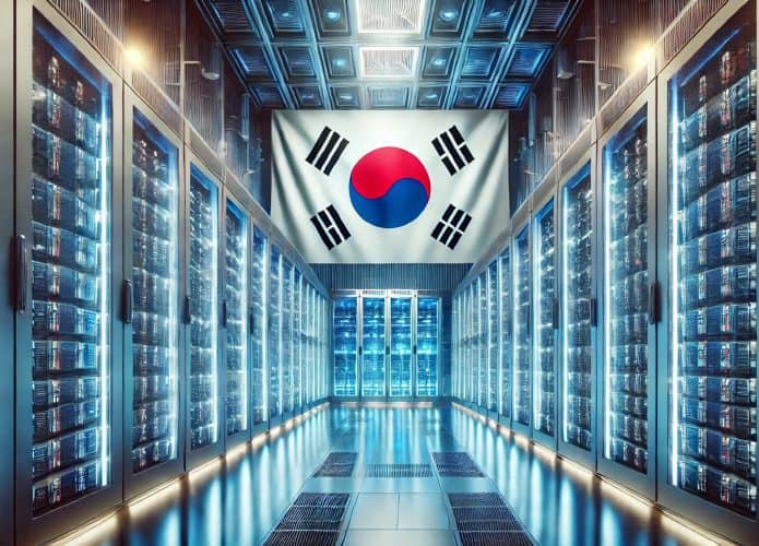 Imagem de um data center com a bandeira da Coreia do Sul