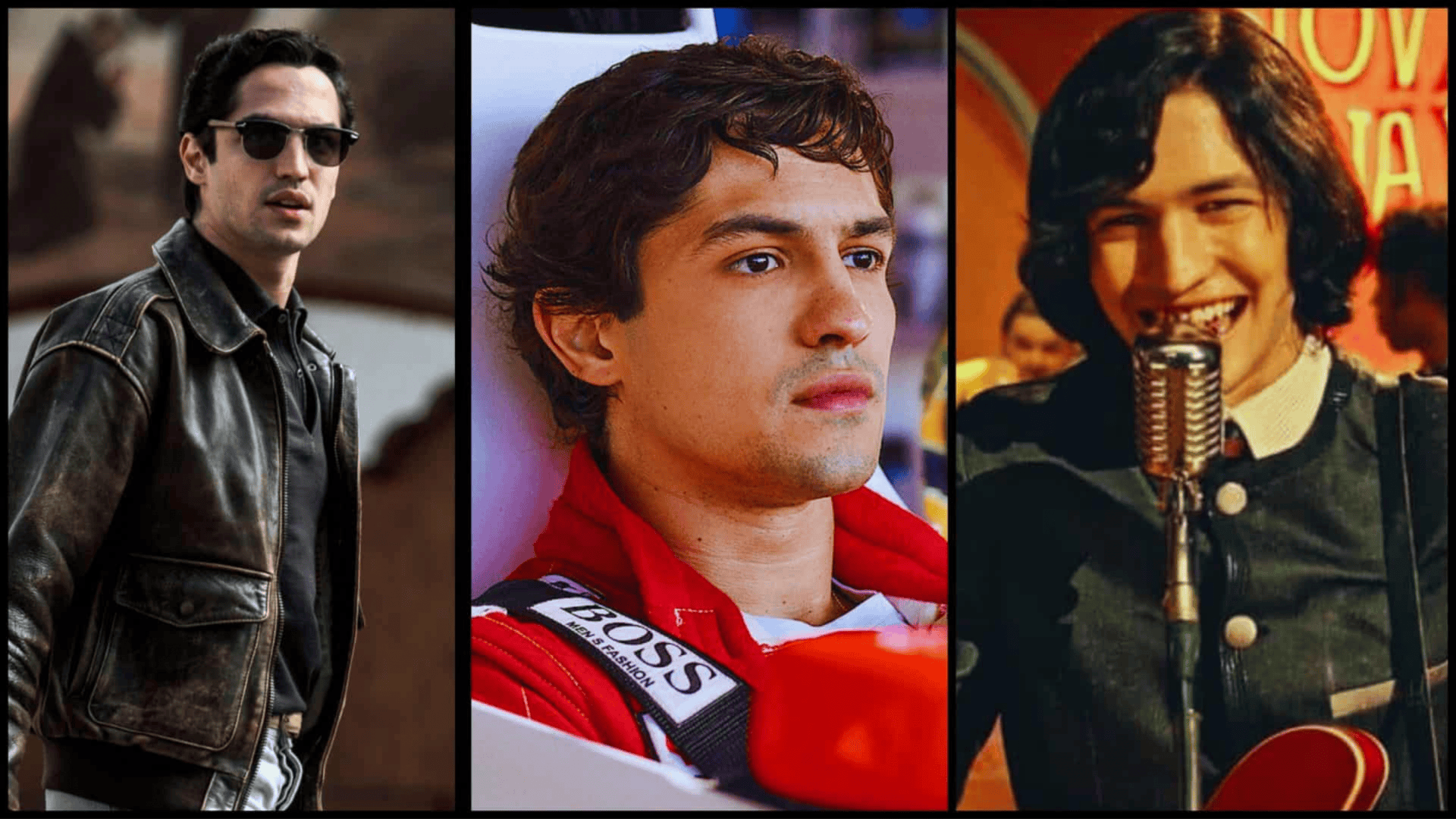 montagem mostra três imagens de filmes diferentes, cada um estrelado pelo ator gabriel leone