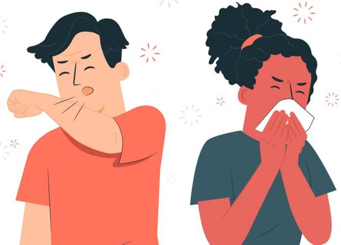 ilustracao homem e mulher tossindo e espirrando