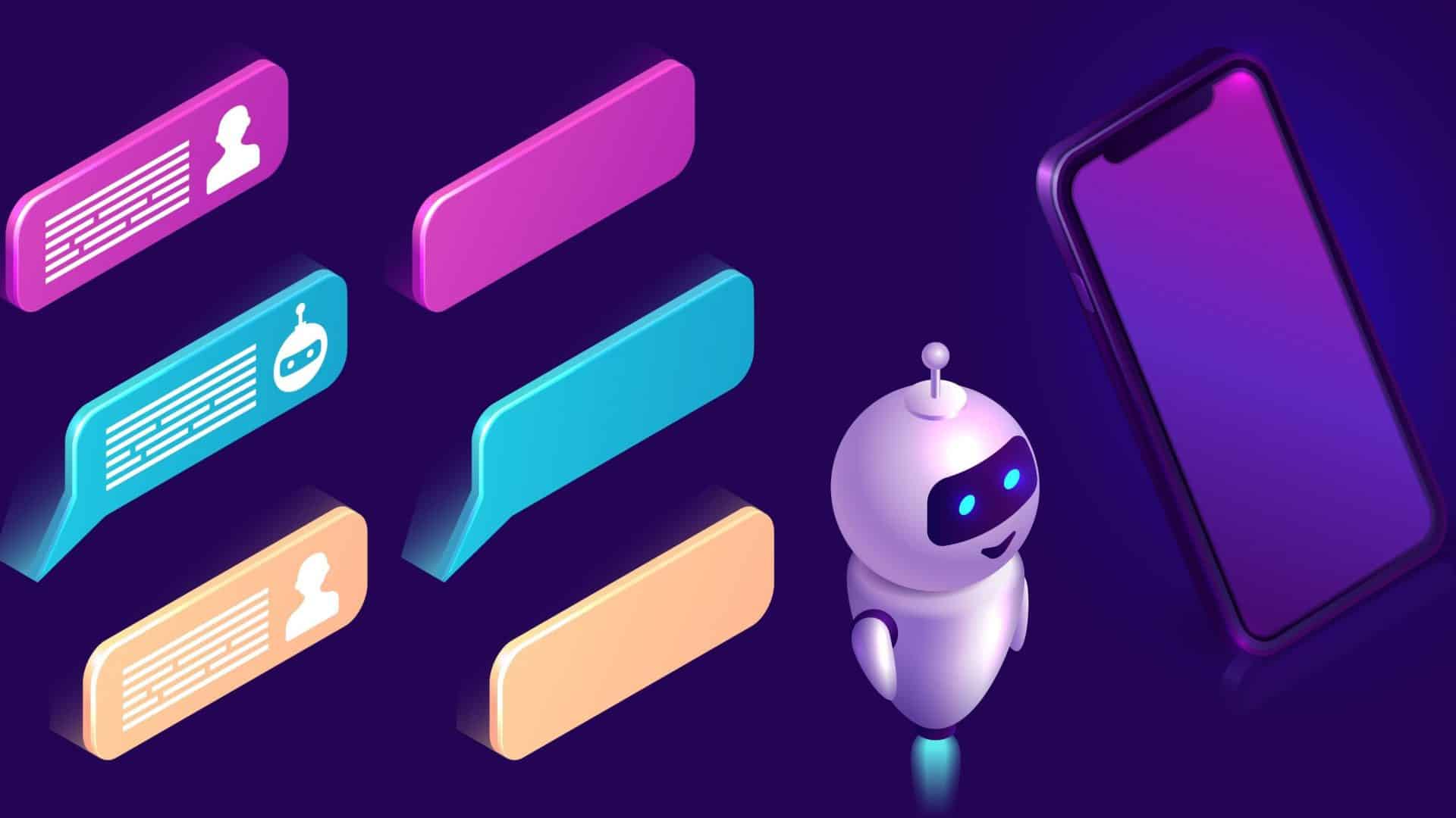 ilustração com um robô, alguns balões de conversa e um celular