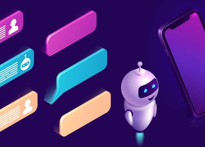 ilustração com um robô, alguns balões de conversa e um celular