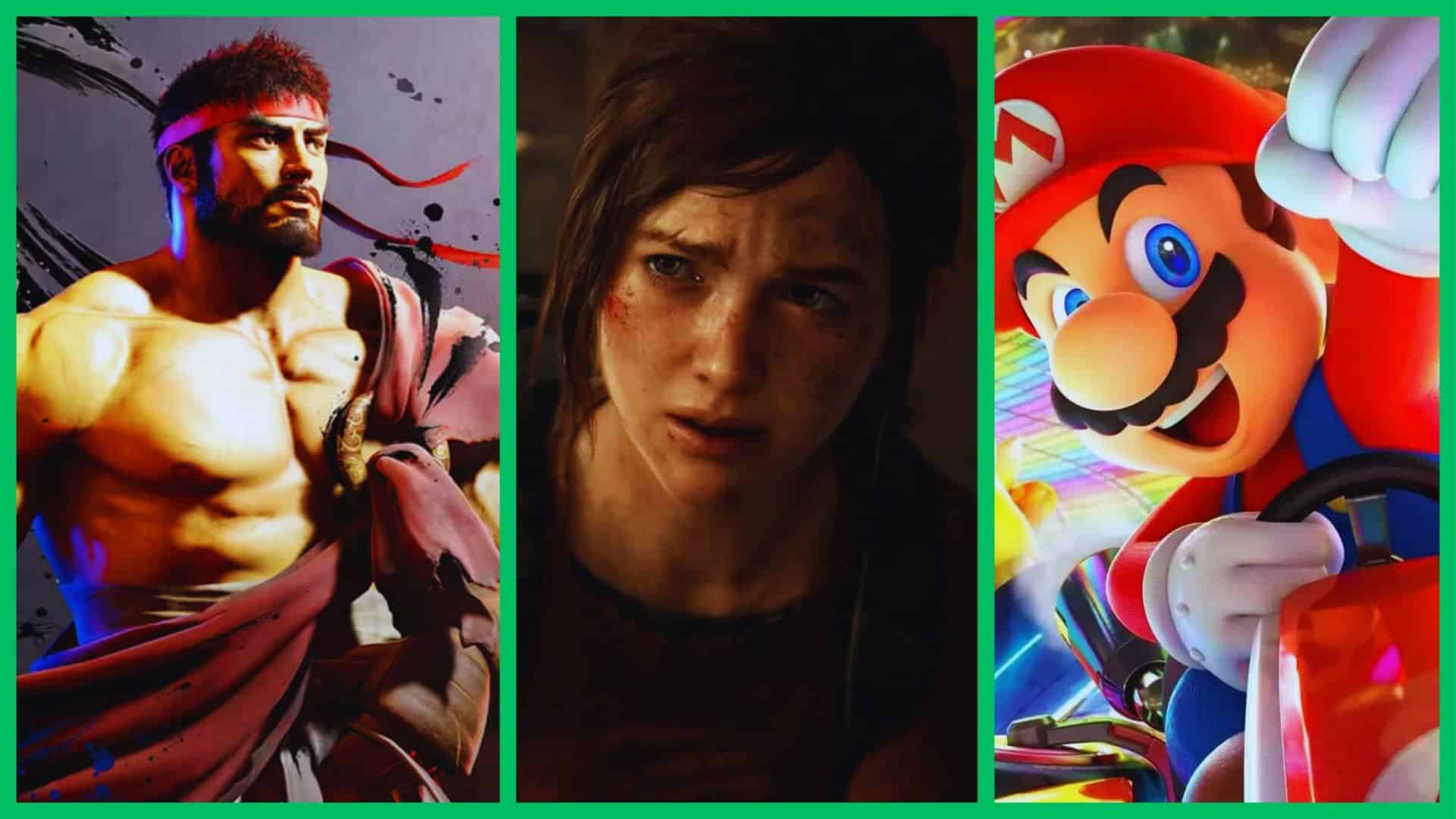 montagem mostra a capa dos jogos Street Fighter 6, The Last of Us e Mario Kart 8