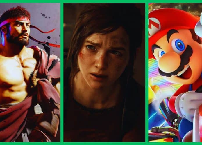montagem mostra a capa dos jogos Street Fighter 6, The Last of Us e Mario Kart 8