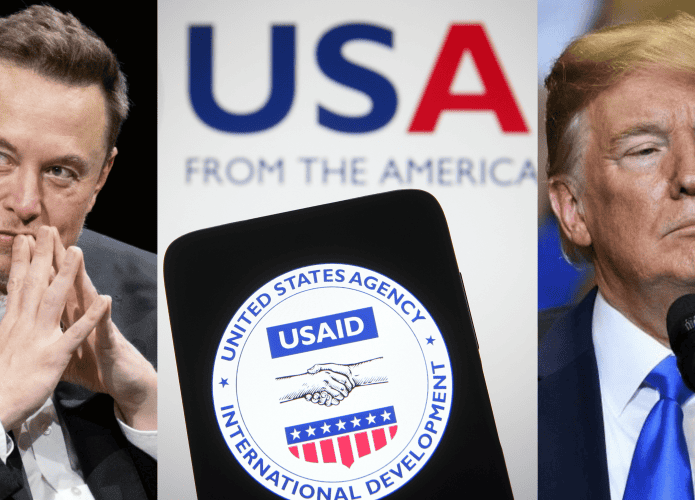 Montagem de Elon Musk, USAID e Donald Trump lado a lado