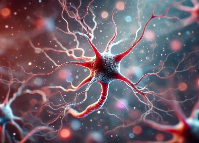 Ilustração mostra como neurônios se formam, destacando sua estrutura complexa com dendritos e axônios, representando comunicação neural e função cerebral