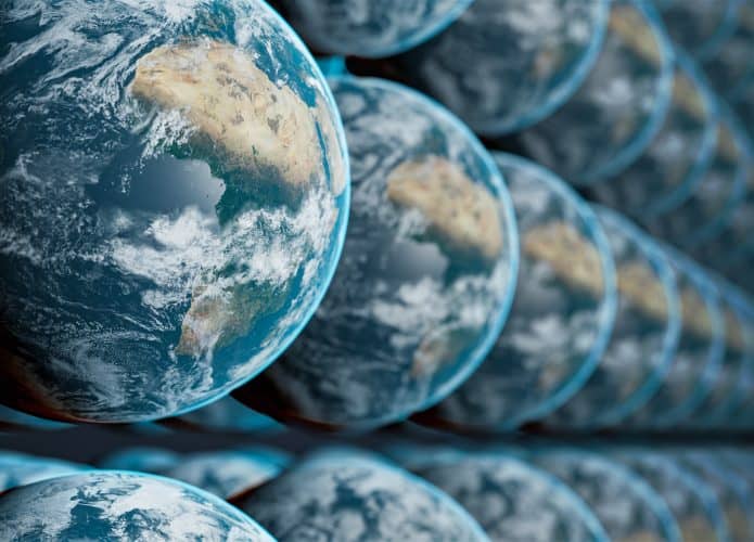 Imagem mostra vários planetas Terra seguidos um do outro, sugerindo um multiverso.